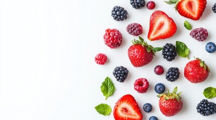 Assorted fresh fruits and berries arranged artfully on white background for healthy snacking and nutrition concepts
