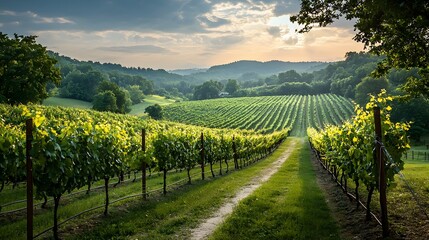 A picturesque landscape showcasing rows of verdant grapevines in a scenic countryside vineyard during the peak of the harvest season  The winding path leads through the flourishing vines