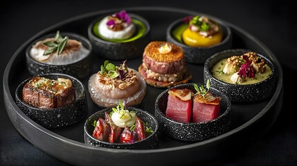 Luxurious five course gourmet dinner meticulously presented with exquisite culinary on a beautifully decorated plate