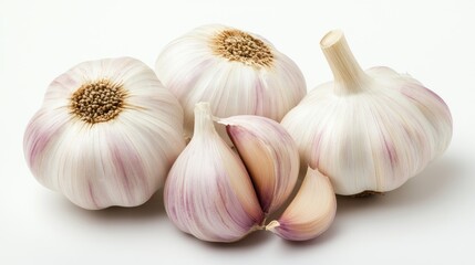 Fresh garlic bulbs and cloves displayed on a clean white background showcasing their natural texture and vibrant colors for culinary use.