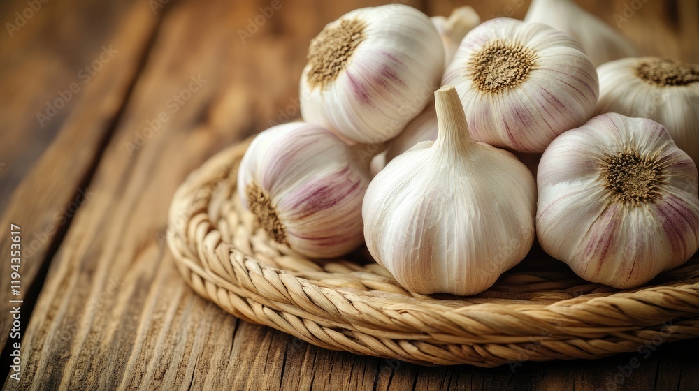 Poster fresh garlic bulbs arranged on a wicker mat with rustic wooden background creating a natural and org