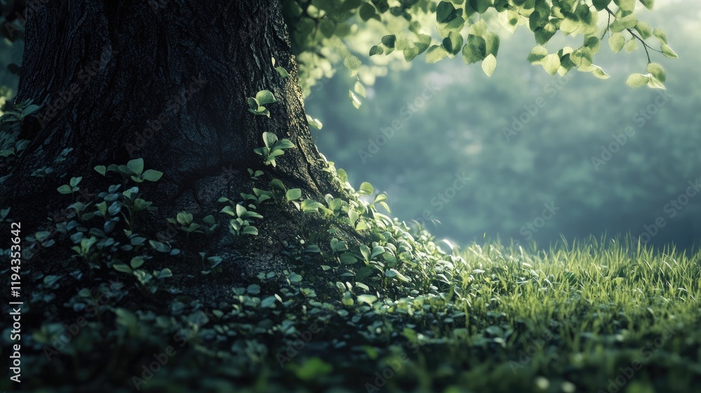 Poster lush green foliage and textured tree trunk in serene forest setting with soft light and delicate gra