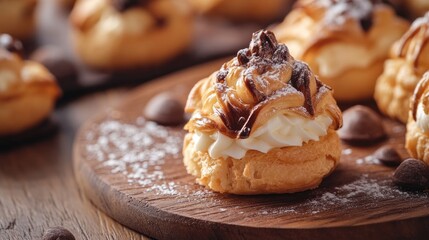 Golden profiteroles filled with cream and drizzled with chocolate on a rustic wooden plate garnished with chocolate chips