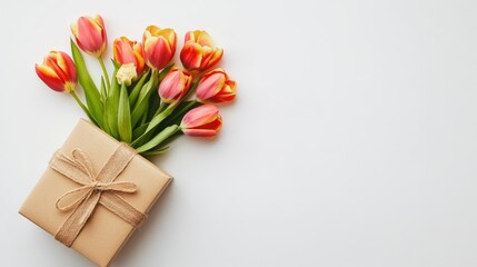 Gift box adorned with vibrant tulip flowers on a white background perfect for greeting cards and special occasion celebrations.