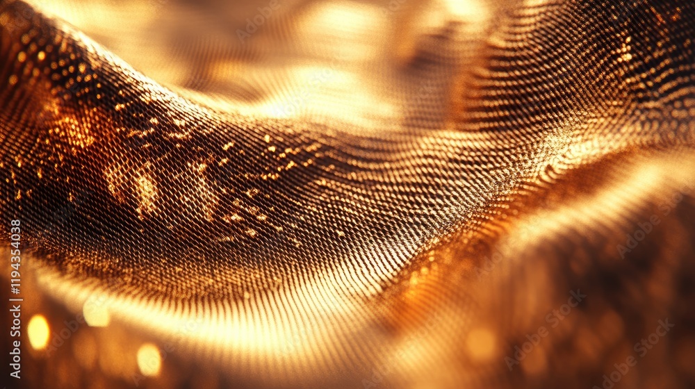 Poster Golden textured fabric background with shimmering highlights and intricate patterns in closeup view