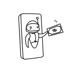 doodle cartoon robot on mobile phone giving money
