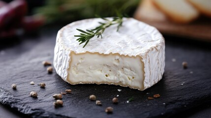 Soft creamy white cheese with a fresh gauze-like rind on a slate serving board garnished with herbs and spices.