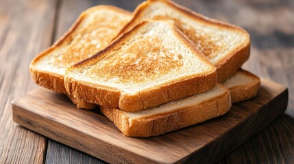 Golden Brown Toast Slices Stacked on a Wooden Cutting Board in Rustic Kitchen Setting