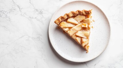 Homemade Apple Pie Slice on White Plate with Freshly Sliced Apples and Golden Crust on Marble Table Background