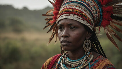 Obraz premium Portrait of a woman wearing traditional attire and elaborate headdress during a cultural festival in a rural landscape