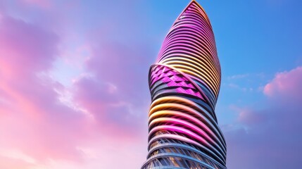 Modern Skyscraper with Colorful Lights Against Sunset Sky