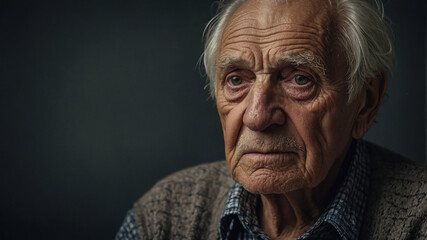 Obraz premium Elderly man with contemplative expression against dark background in indoor setting