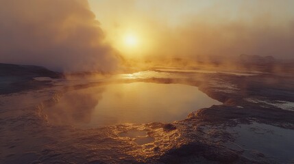 Fototapeta premium Geyser at sunrise with morning light illuminating hot springs and steamy landscape in a national park setting