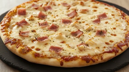 Delicious Cheese Pizza Topped with Mozzarella Ham and Oregano on a Stone Plate Ready to Serve