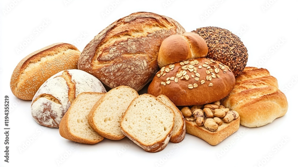 Aufkleber assorted freshly baked breads and slices displayed on white background for culinary and bakery relat