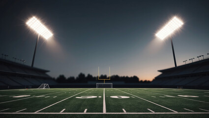 Bright stadium lights illuminate a pristine football field at dusk