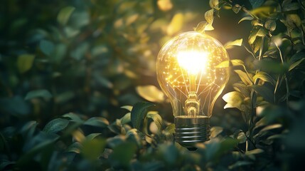 Glowing lightbulb in foliage, nature background, green energy concept, sustainability