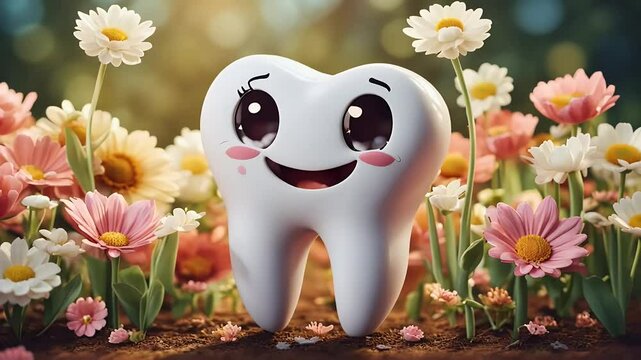 video of cartoon style depiction motherly tooth character holding flowers celebrating Mother&rsquo;s Day with fun dental themed twist