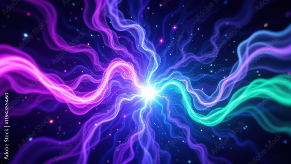Poster vibrant, cosmic abstract background with swirling patterns and a bright center, ideal for digital ar