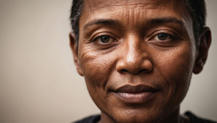 Obraz premium Portrait of a middle-aged woman with expressive eyes, capturing resilience and strength in a close-up setting