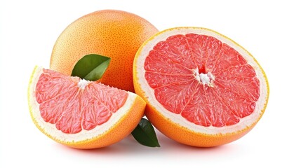 Vibrant grapefruit with a whole fruit and a fresh half slice showcasing juicy pink flesh and green leaves on a white background