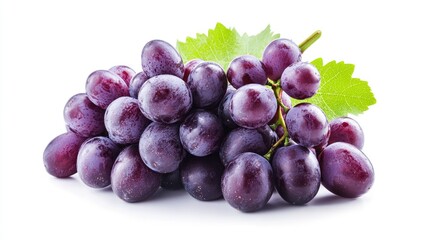 Fototapeta premium Freshly harvested purple grapes with green leaves on a clean white background showcasing their natural beauty and vibrant color.