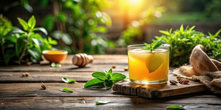 Refreshing Herbal Infusion A Golden Elixir Garnished with Fresh Basil on Rustic Wooden Surface