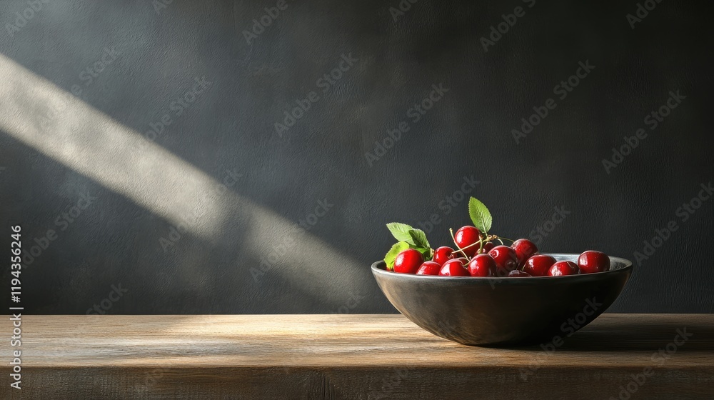 Poster garden fresh cherries in a rustic bowl illuminated by soft light on a wooden table setting with dark