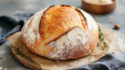 Naklejka premium Crispy Crust Round Bread Loaf on Wooden Board Surrounded by Fresh Herbs and Flour