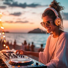 Young woman dj playing music on the beach