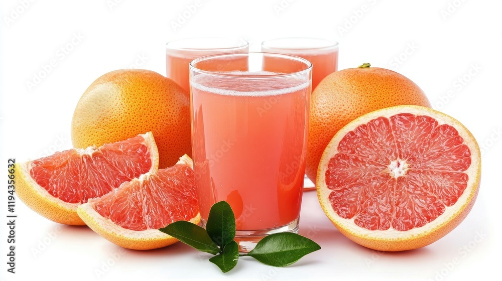 Poster refreshing grapefruit juice with whole and sliced grapefruits on a white background showcasing vibra