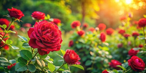 Beautiful red roses in a lush green garden with a subtle warm light filter, background, , background,atmospheric, botanical