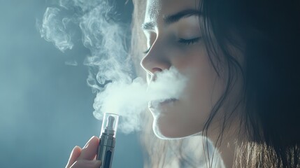 Fototapeta premium Young Woman Exhaling Vapor From Electronic Cigarette