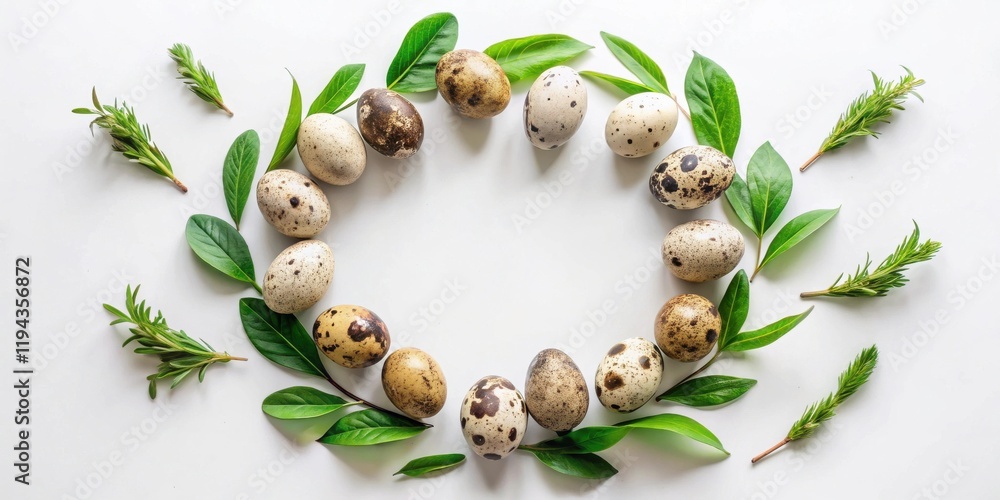 Poster Quails Eggs and Greenery Arranged in a Circular Frame for Springtime Designs