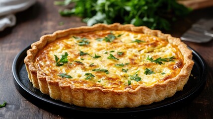Delicious Quiche Lorraine Garnished with Fresh Herbs on a Rustic Wooden Table