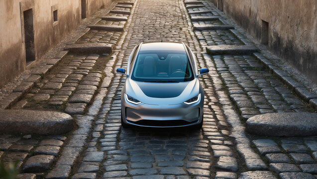 Sleek electric vehicle driving through ancient cobblestone street at dusk in a historic European city