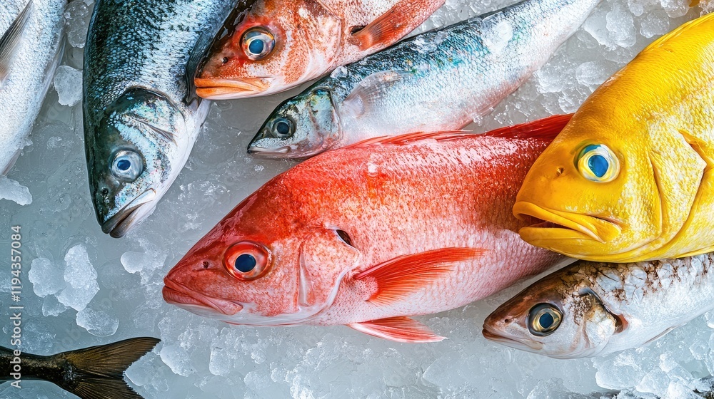 Poster assorted fresh fish displayed on ice with vibrant colors and textures on light background