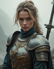 A beautiful female knight with a serious expression and wearing medieval armor and carrying a sword on her back.