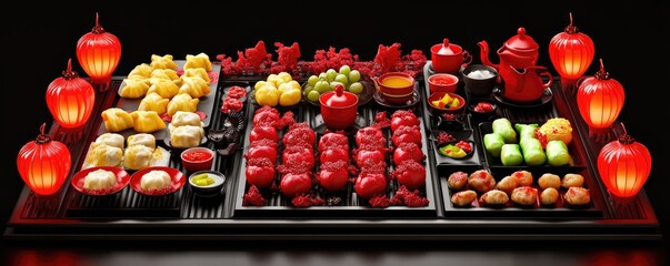 Festive Asian Cuisine Display with Lanterns and Tea Set - Ideal for Celebratory Event Promotions