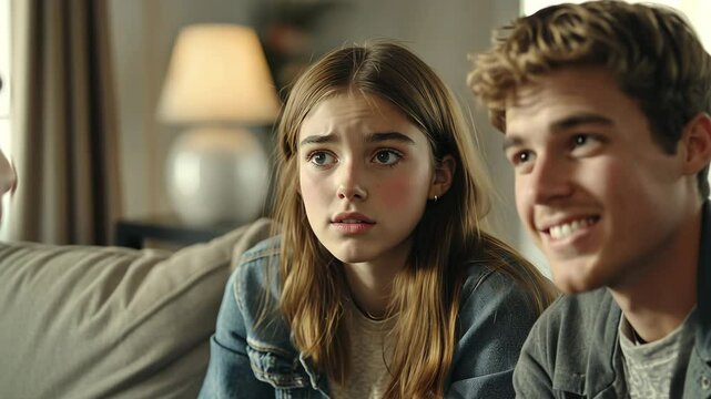 Teenage blonde Caucasian girl with a concerned look on her face sitting next to her boyfriend listening to her parents talk on a couch in a contemporary living room.