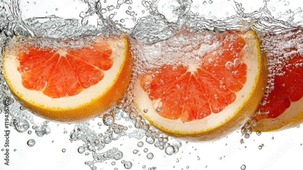 Poster sliced grapefruit splashing into clear water creating bubbles on a white background showcasing fresh