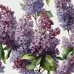 A watercolor painting of lilac blooms in pastel purple shades on white.