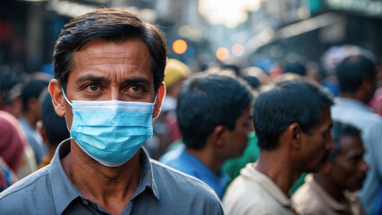 Man wearing a mask amid crowd in busy market during afternoon hours in urban setting focusing on health