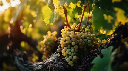 Fototapeta premium Vibrant green grapes ripening on the vine amidst sunlit vineyard foliage showcasing nature's beauty and agricultural abundance