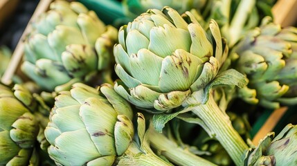 Fresh globe artichokes displayed at a farmers market showcasing vibrant green hues and healthy produce in a top view composition.