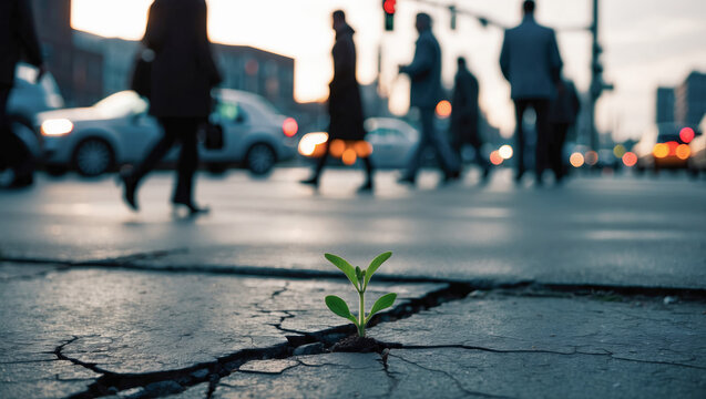 Green plant emerges from cracked pavement in urban setting at dusk with busy pedestrians and cars nearby
