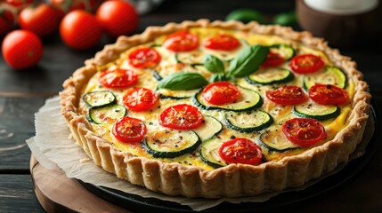 Delicious Quiche with Zucchini Cherry Tomatoes and Fresh Basil on Rustic Wooden Table