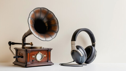 Vintage gramophone and modern headphones contrast music evolution in a minimalist setting
