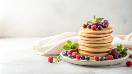 A delightful stack of fluffy pancakes, adorned with fresh raspberries and blueberries, sits on a plate next to a linen cloth and fresh mint sprigs.