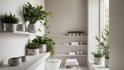 Modern bathroom design featuring lush greenery and minimalistic decor for a serene atmosphere
